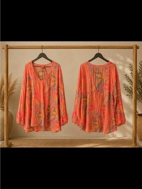 Coral Abstract V-Neck Peasant Blouse XXL